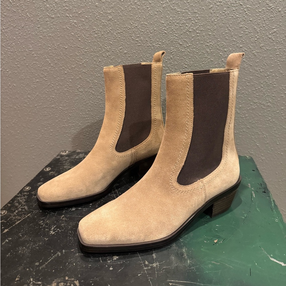 Tan Suede Chelsea Boots with Chocolate Elastic Panels and Stacked heels